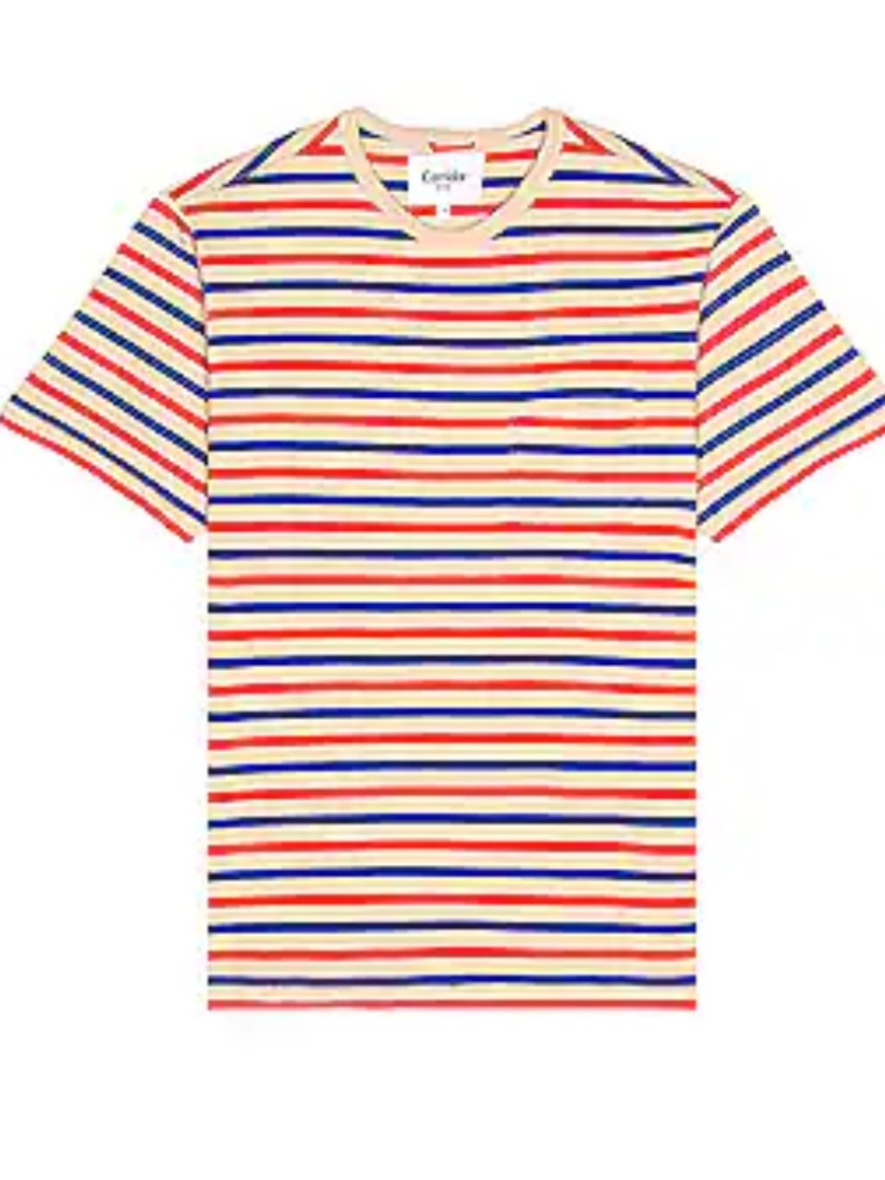 Corridor unisex Stripe Crewneck T-Shirt in Red, Blue & Cream with Front Pocket